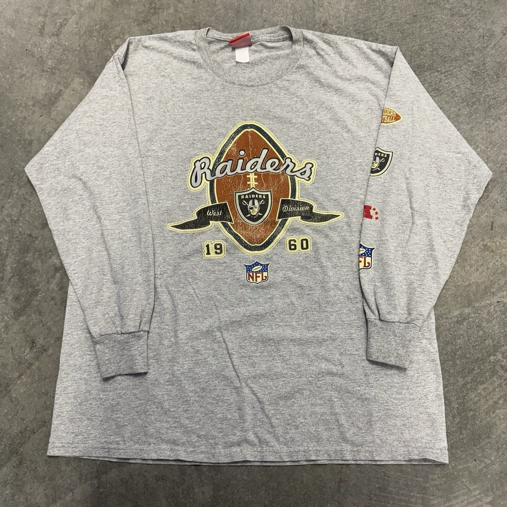 Men's Oakland Raiders T-shirt Long Sleeve Gray Football Emblem Oversized NFL XL